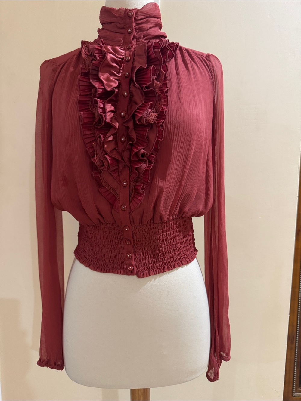 bebe Ruffled High-Neck Blouse in Rose